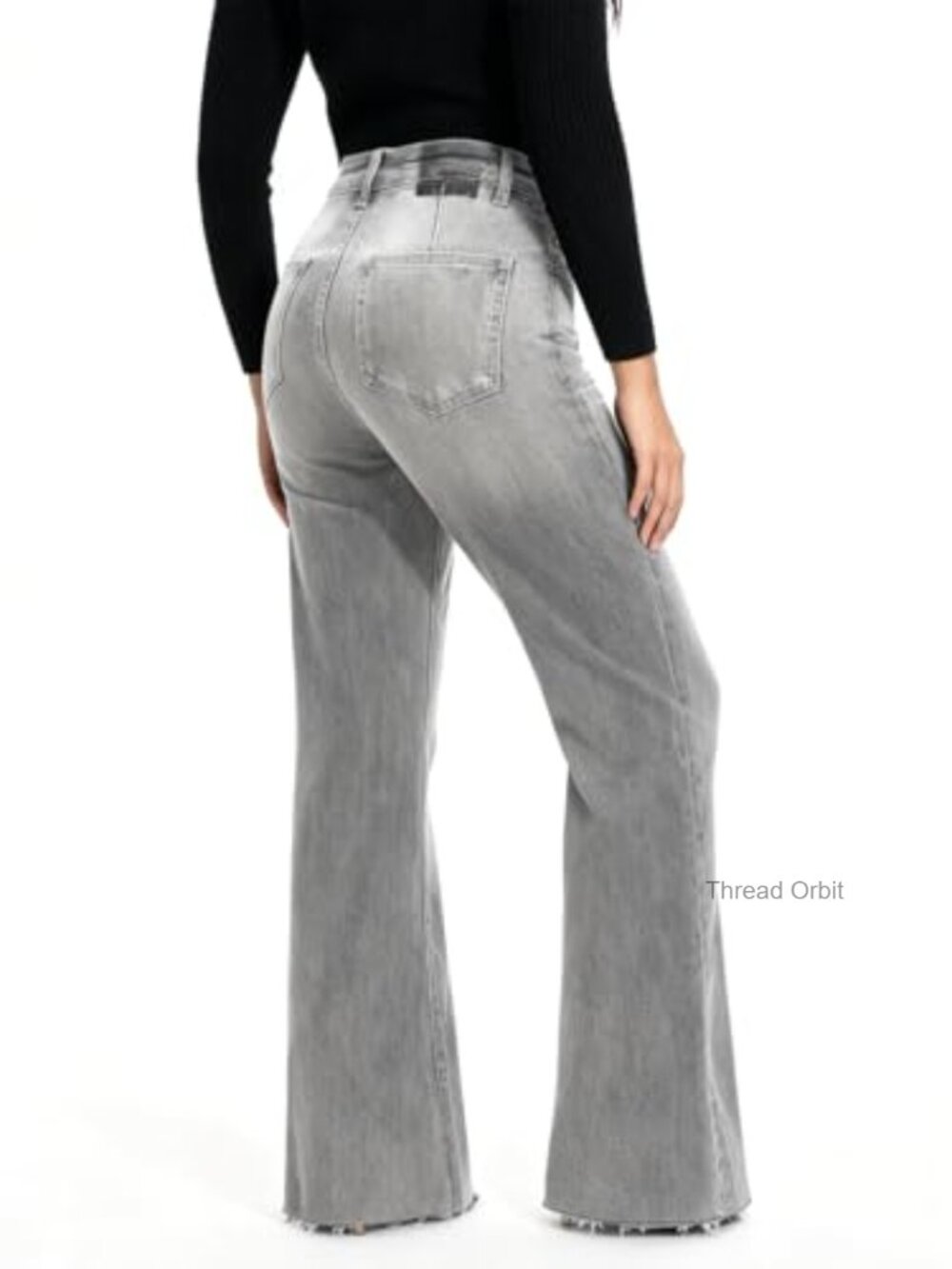 High Waist Wide Leg Jeans Stretchy Baggy Tummy Control Raw Hem - Picture 2 of 7